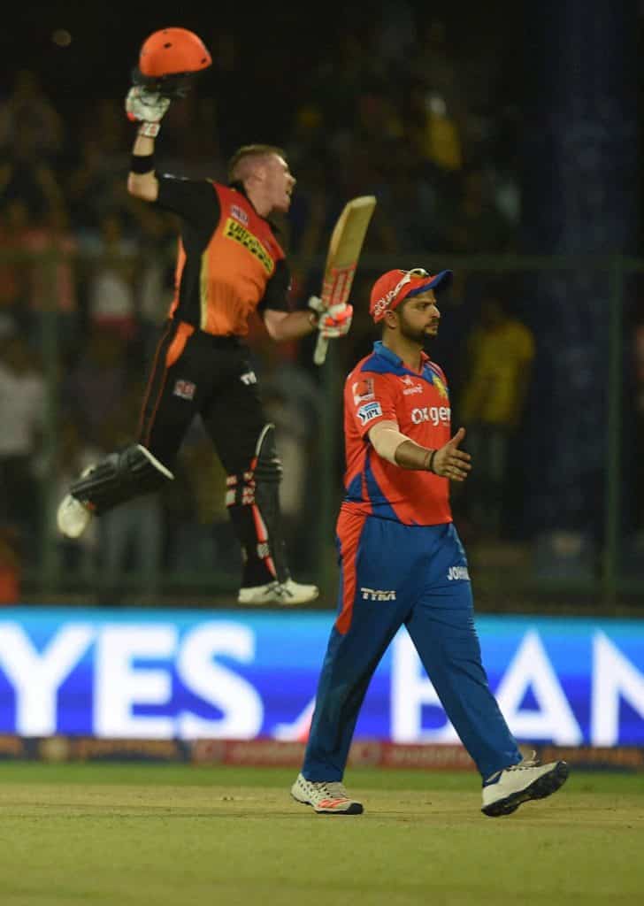 New Delhi : Sunrisers Hyderabad batsman David Warner celebrate after winning during an IPL T20 match against Gujarat Lions at Feroz Shah Kotla in New Delhi on Friday. PTI Photo by Shirish Shete(PTI5_27_2016_000333A)