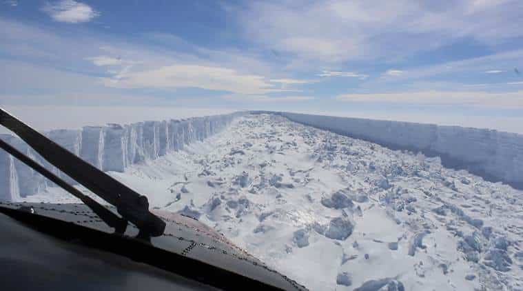 This February 2017 frame from video provided by the British Antarctic Survey shows the Larsen C ice shelf in Antarctica. A vast iceberg with twice the volume of Lake Erie broke off from the Larsen C ice shelf, scientists said Wednesday, July 12, 2017. The iceberg is described as weighing 1 trillion tons (1.12 trillion U.S. tons). (British Antarctic Survey via AP)