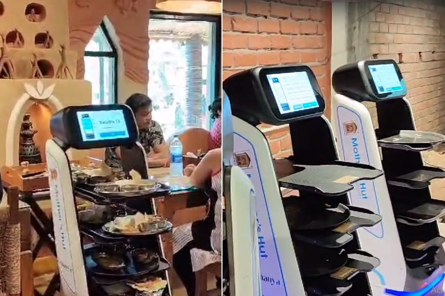 Robot serving food in restaurant in Krishnanagar