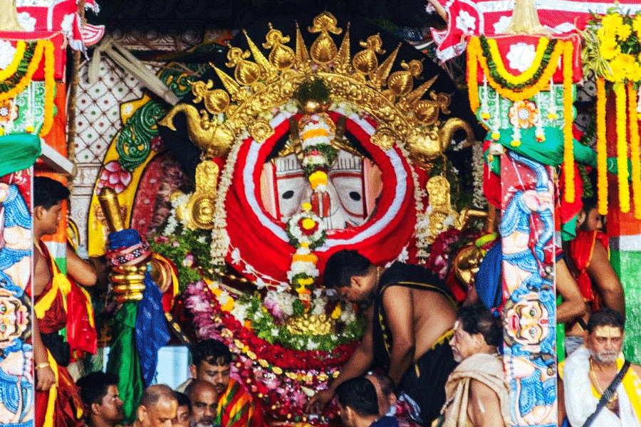 Lord Jagannath, Balvadra and Subhadra decorated in gold ornaments