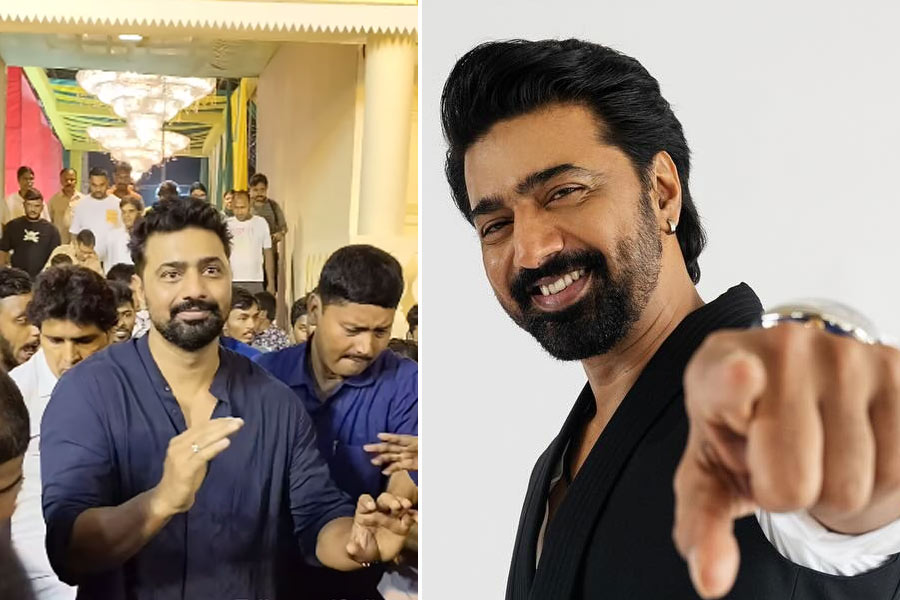 Dev surrounded by fans at Kali Puja inauguration, see video