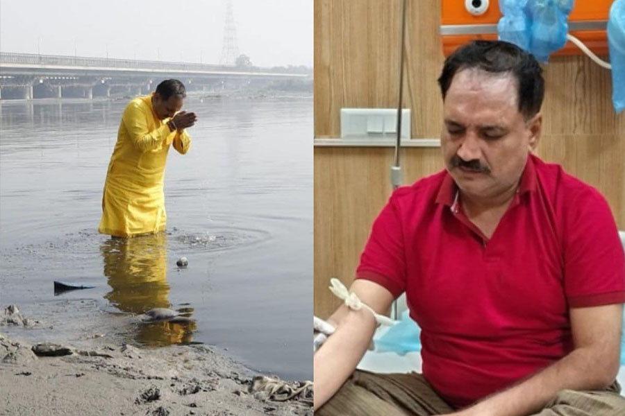 Delhi BJP chief takes dip in toxic Yamuna in protest against AAP and hospitalised