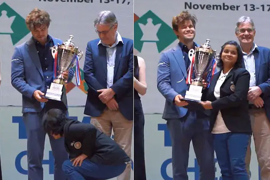 Indian female chess star Bristy Mukherjee touches Magnus Carlsen's feet, video viral