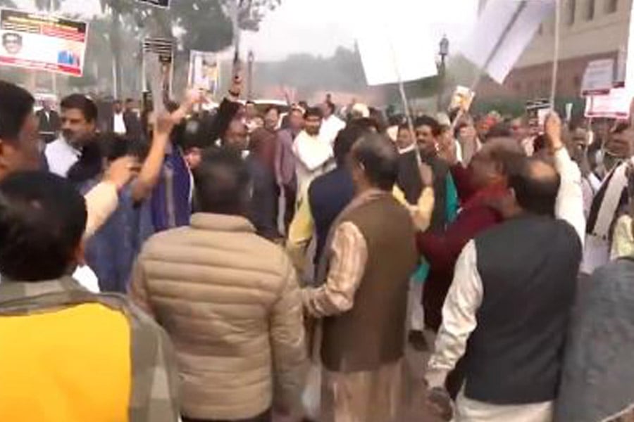 NDA, INDIA bloc MPs hold protest marches in parliament premises over Ambedkar issue