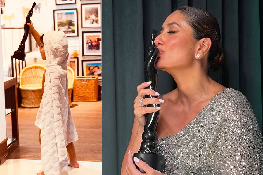 Jeh plays with Filmfare Award, Kareena Kapoor shares pic